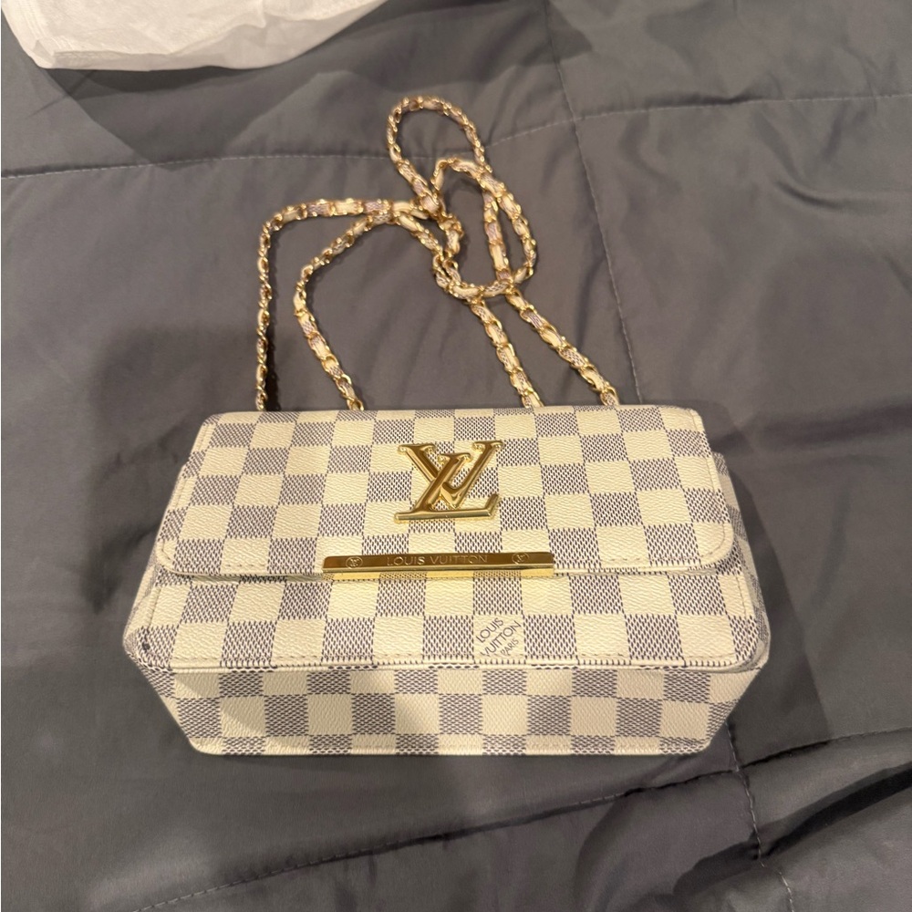 Cream and Gold inspired Checkered Shoulder Bag with Gold Chain